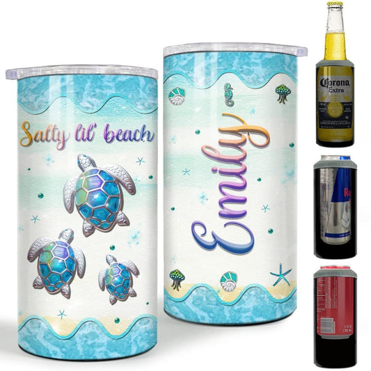 Personalized Sea Turtle Can Cooler Crystal Drawing Salty Lil Beach