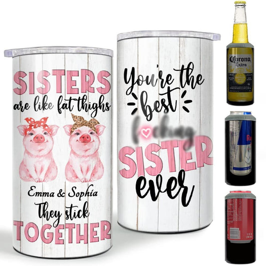 Personalized Sister Can Cooler Funny Pig Sisters Watercolor Drawing