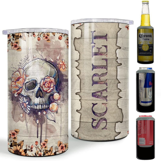 Personalized Skull Can Cooler Rose And Skulls Watercolor Style