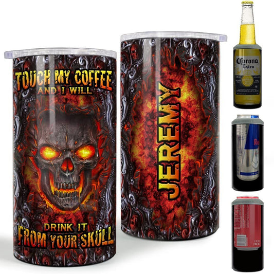 Personalized Skull Can Cooler Touch My Coffee Lava Metallic Drawing