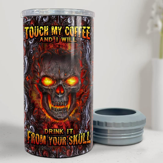 Personalized Skull Can Cooler Touch My Coffee Lava Metallic Drawing