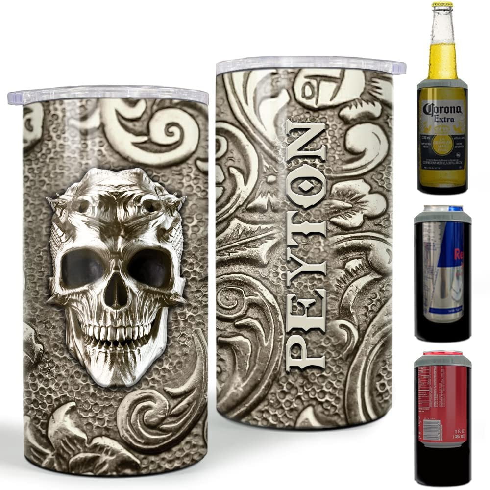 Personalized Skull Can Cooler Viking Bronze Drawing For Coffee Lover