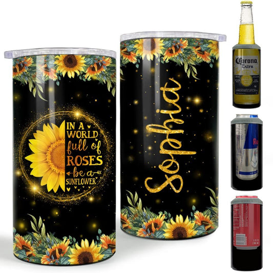 Personalized Sunflower Can Cooler Glitter Drawing For Women Friends