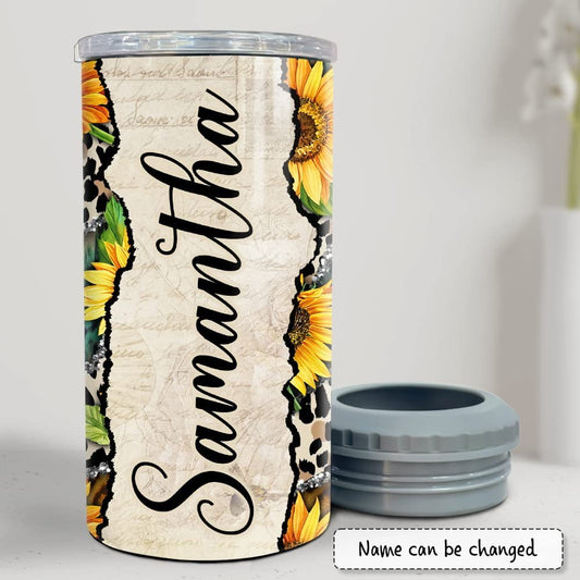 Personalized Sunflower Can Cooler Leopard Pattern For Friend Sister