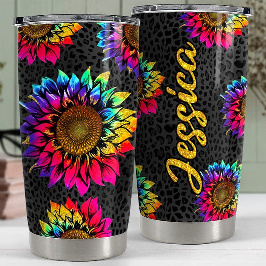 Personalized Sunflower Tumbler Rainbow Leopard For Women Girl Mother