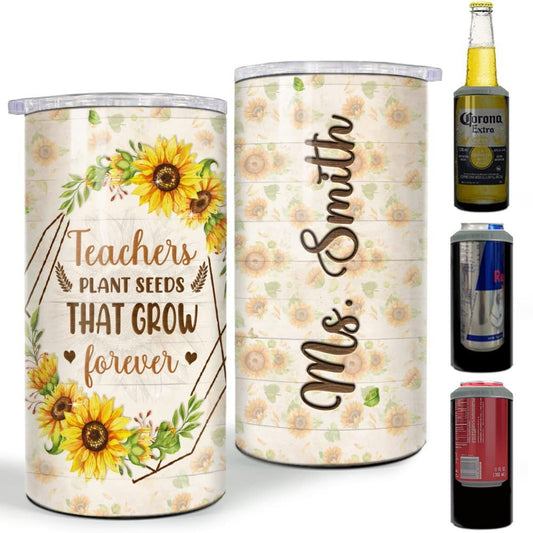 Personalized Teacher Can Cooler Sunflower Vintage Style Best Gift