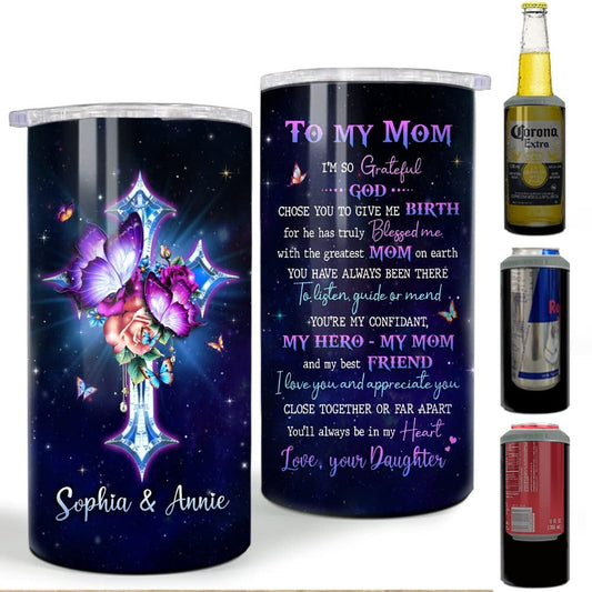 Personalized To My Mom Can Cooler Cross Butterfly Crystal Drawing
