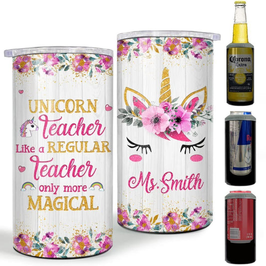 Personalized Unicorn Can Cooler Unicorn Teacher Glitter Drawing