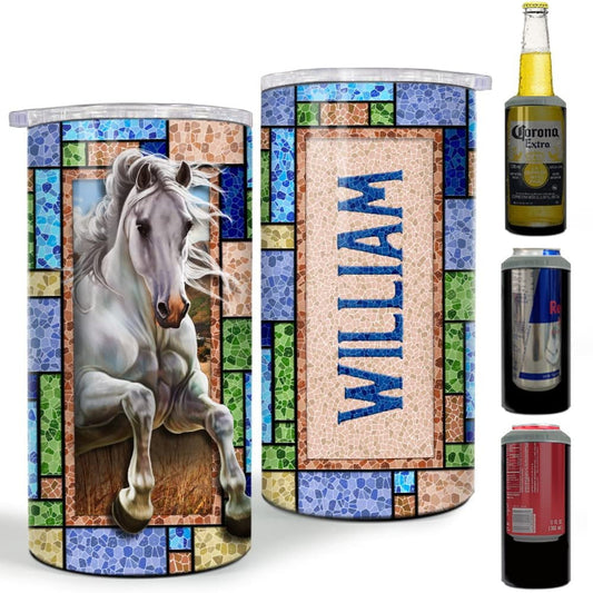 Personalized White Horse Can Cooler Mosaic Style For Daughter Sister