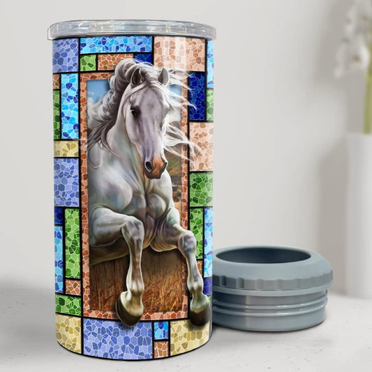 Personalized White Horse Can Cooler Mosaic Style For Daughter Sister