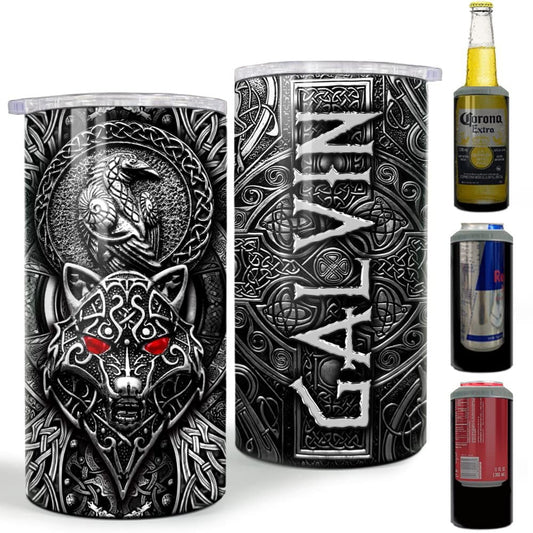 Personalized Wolf Can Cooler Raven Viking Best Gift For Men Dad Father