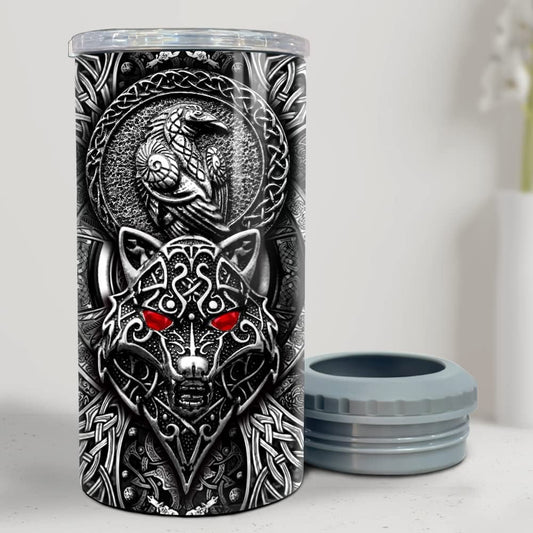 Personalized Wolf Can Cooler Raven Viking Best Gift For Men Dad Father