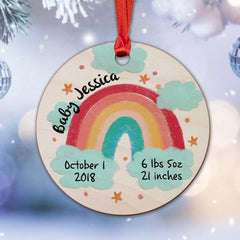 Personalized Wood Baby First Christmas Ornament Rainbow