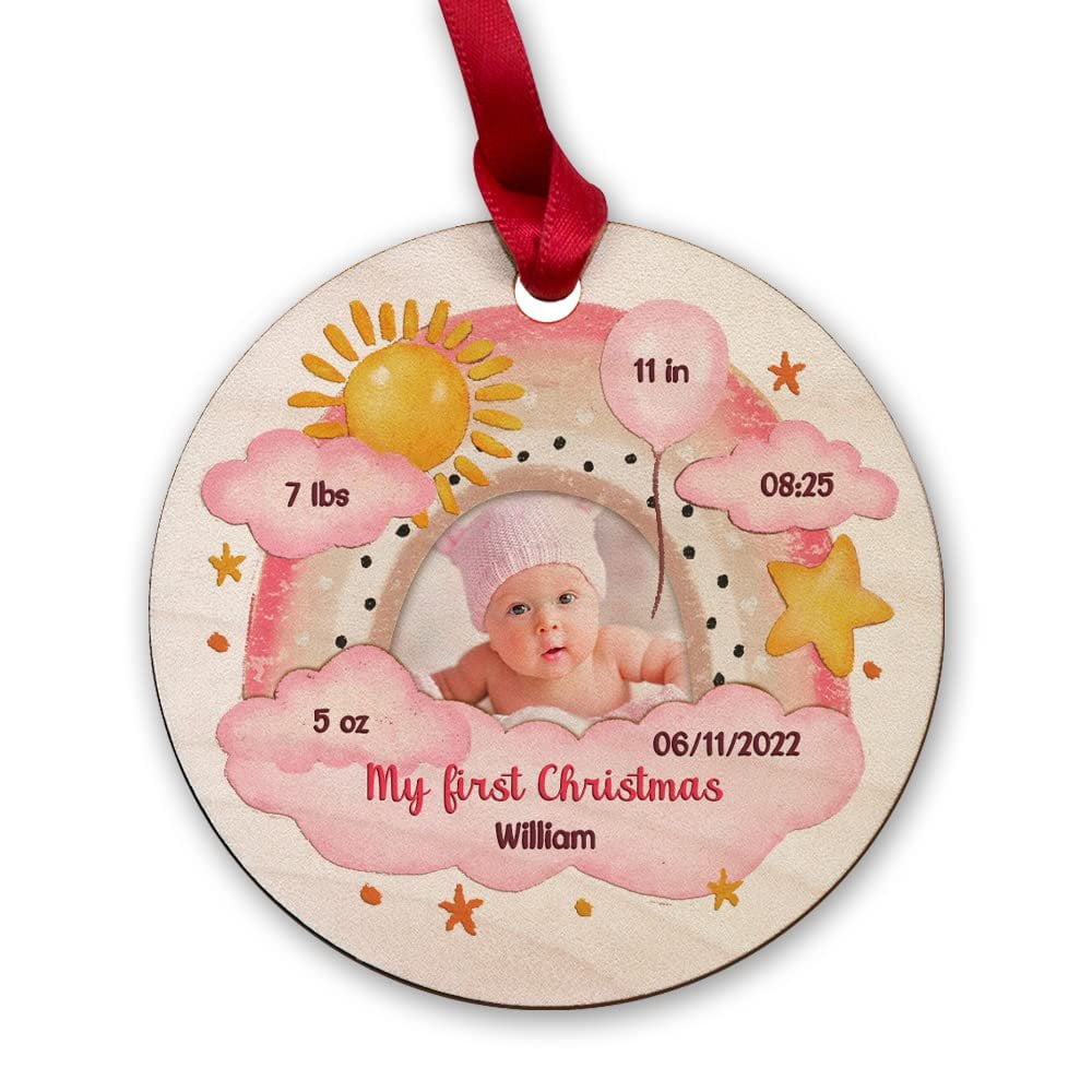 Personalized Wood Baby Girl Ornament Rainbow