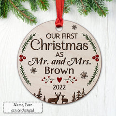 Personalized Wood First Christmas Ornament As Mr and Mrs
