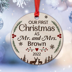 Personalized Wood First Christmas Ornament As Mr and Mrs
