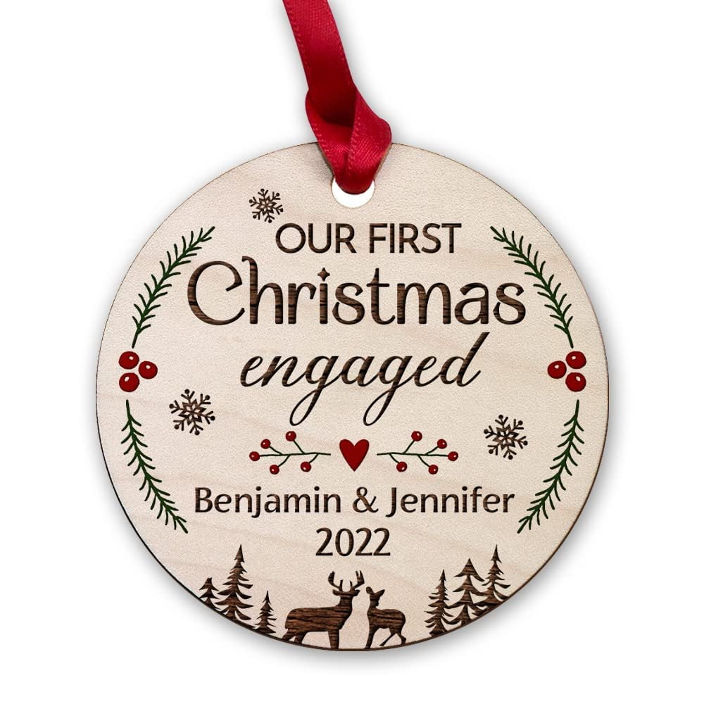 Personalized Wood First Xmas Engaged Ornament Couple
