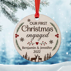 Personalized Wood First Xmas Engaged Ornament Couple