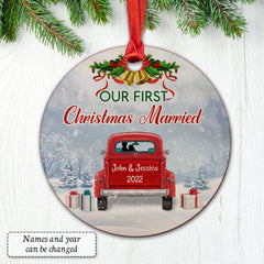 Personalized Wood First Xmas Married Ornament Red Truck
