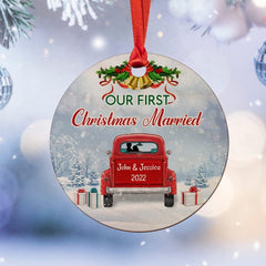 Personalized Wood First Xmas Married Ornament Red Truck