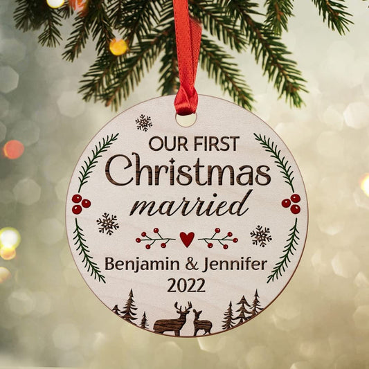 Personalized Wood First Xmas Ornament Married Couple