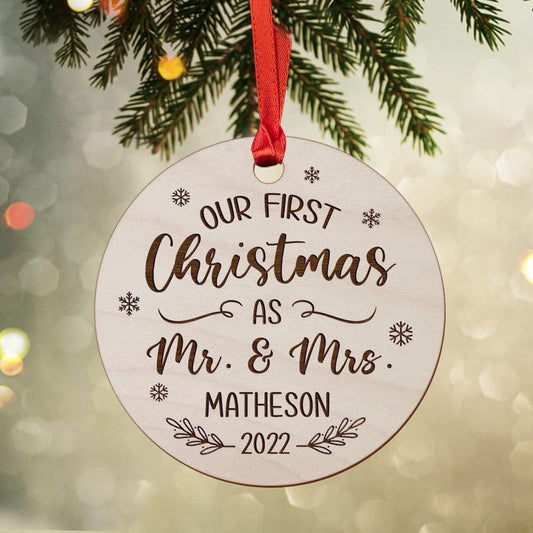 Personalized Wood Ornament First Xmas As Mr & Mrs Couple