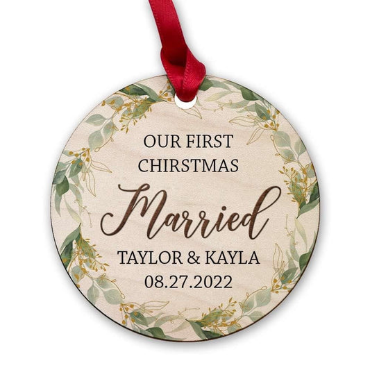 Personalized Wood Ornament Newlywed First Christmas Floral