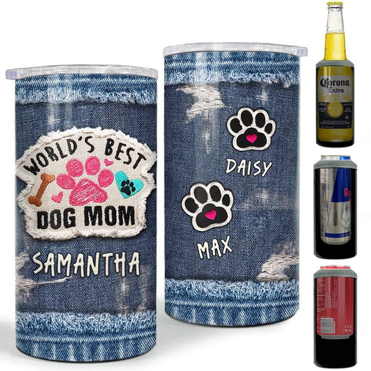 Personalized World's Best Dog Mom Can Cooler Jean Style For Dogs Lover